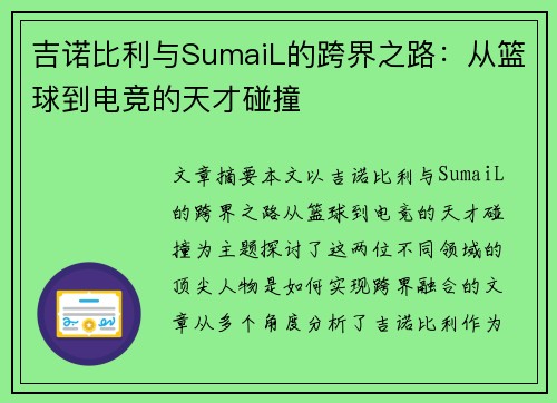 吉诺比利与SumaiL的跨界之路：从篮球到电竞的天才碰撞