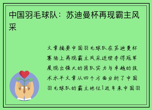 中国羽毛球队：苏迪曼杯再现霸主风采