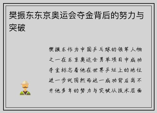 樊振东东京奥运会夺金背后的努力与突破